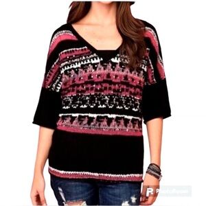 Free People Voluminous Sequins Black/Pink Short Sleeve Knit Sweater Size Medium